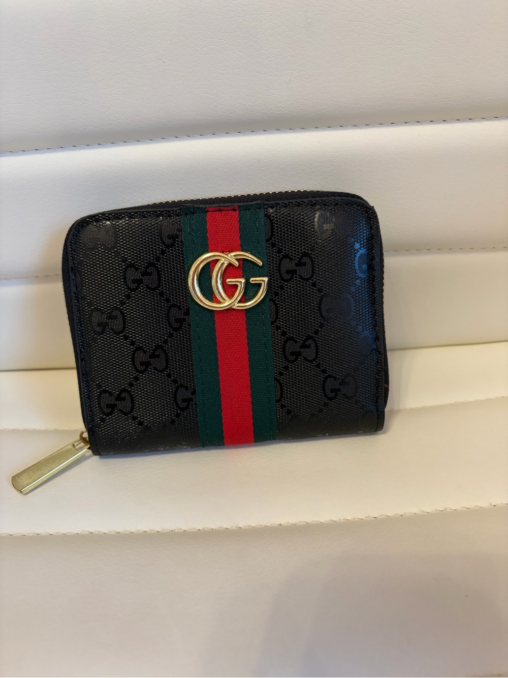 Black GG Supreme Zip Wallet with Web Stripe